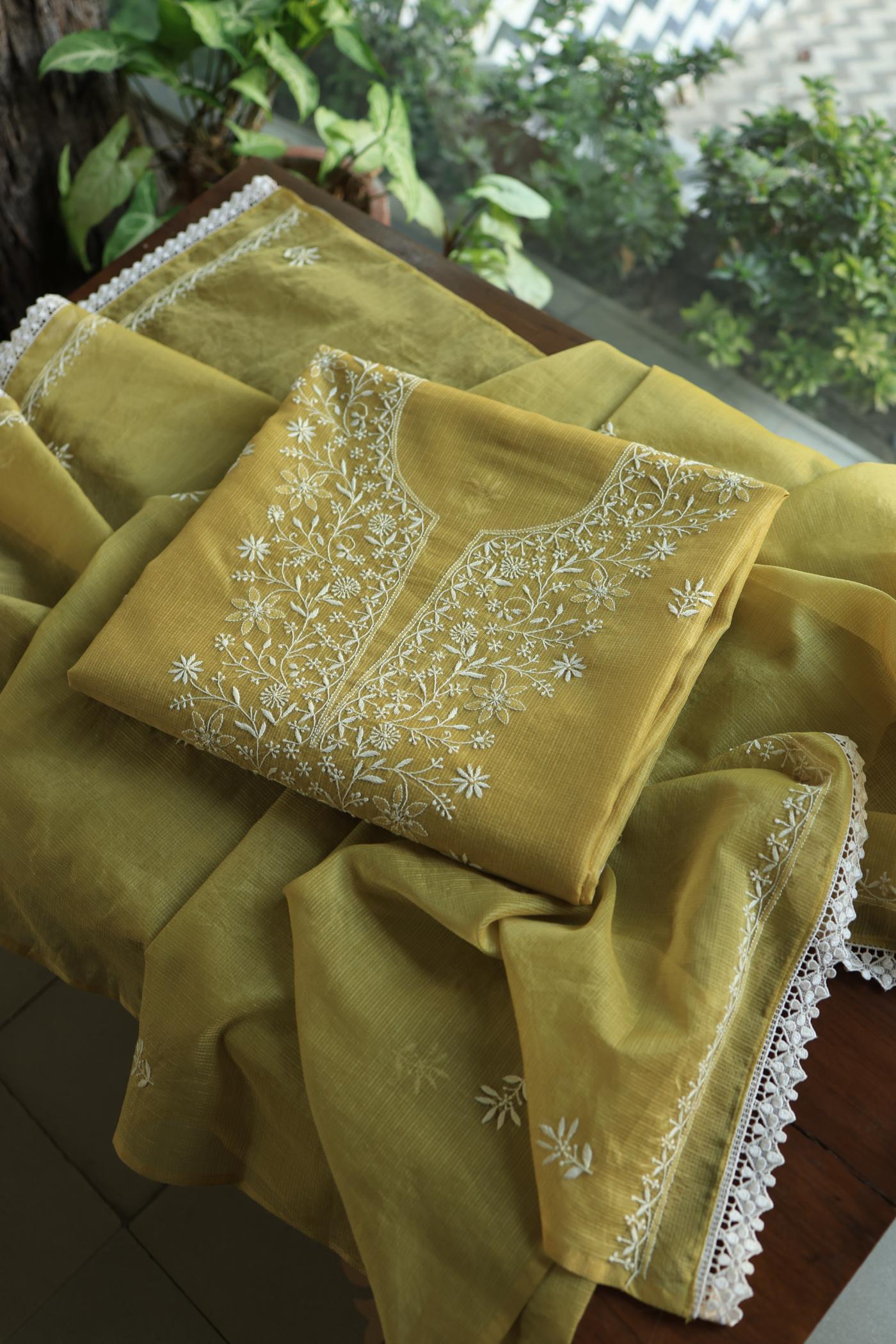 Olive Green Shade Kota Chikankari Unstitched Fabrics