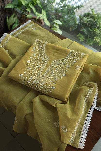 Olive Green Shade Kota Chikankari Unstitched Fabrics