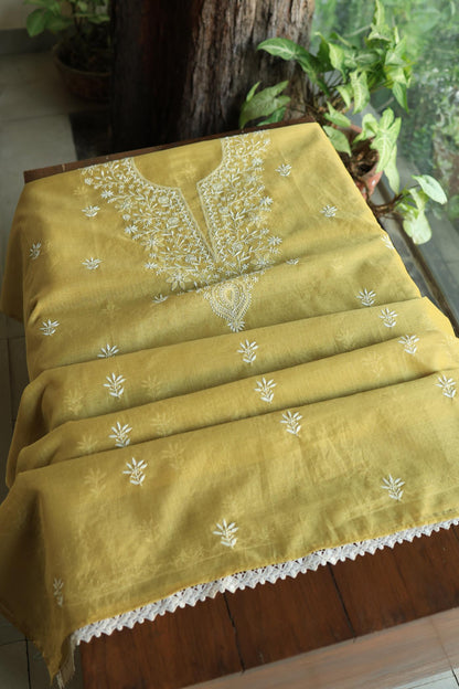 Olive Green Shade Kota Chikankari Unstitched Fabrics