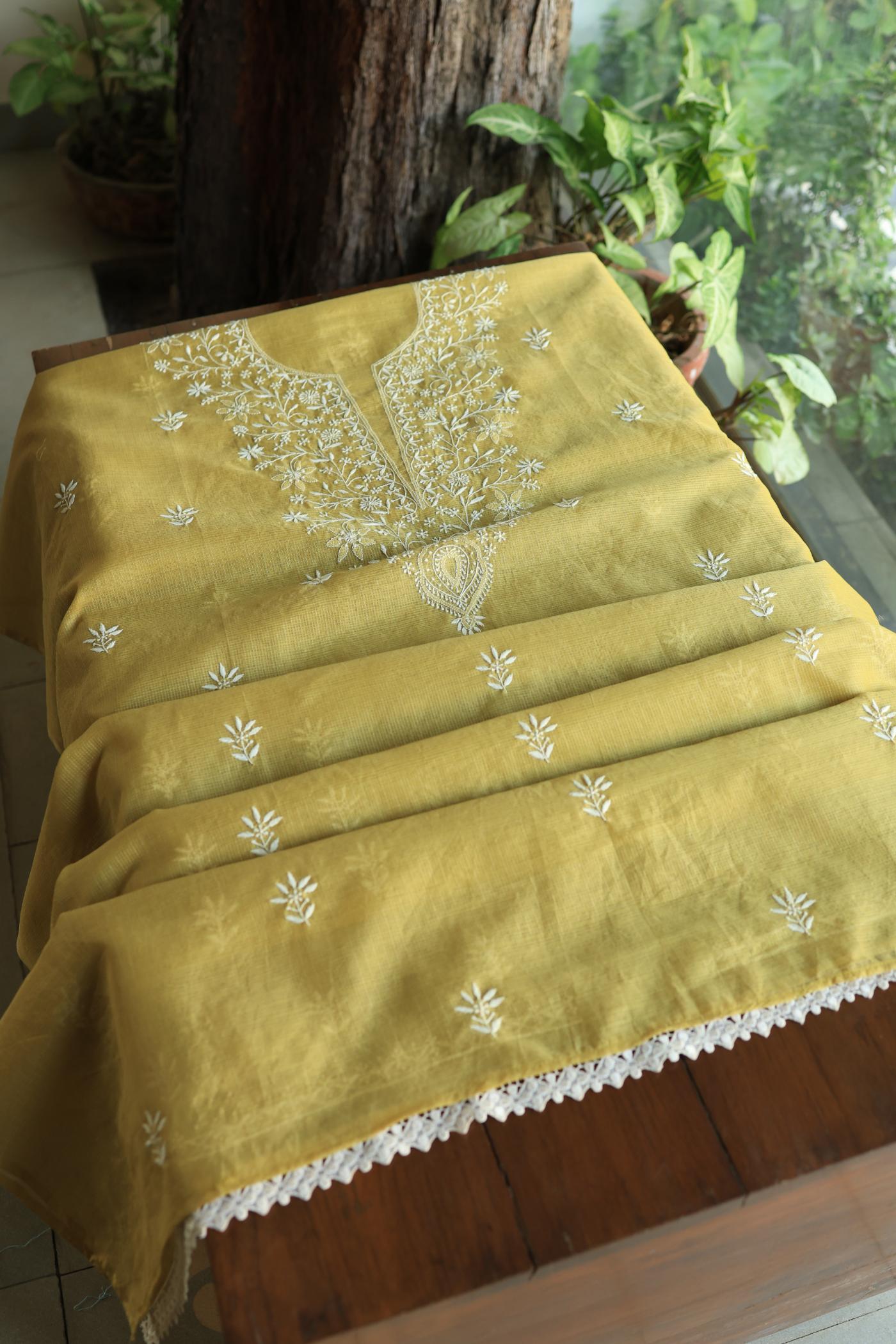 Olive Green Shade Kota Chikankari Unstitched Fabrics