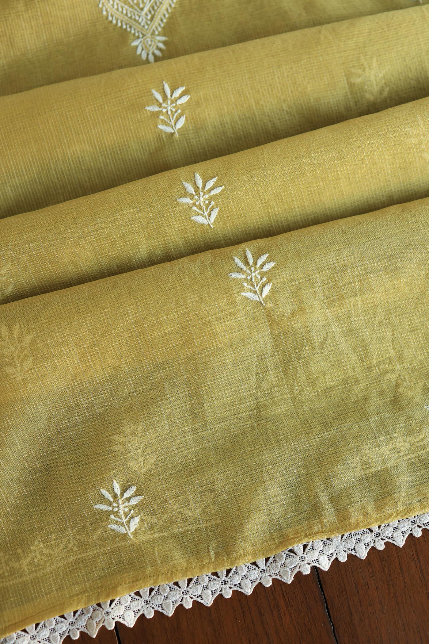 Olive Green Shade Kota Chikankari Unstitched Fabrics