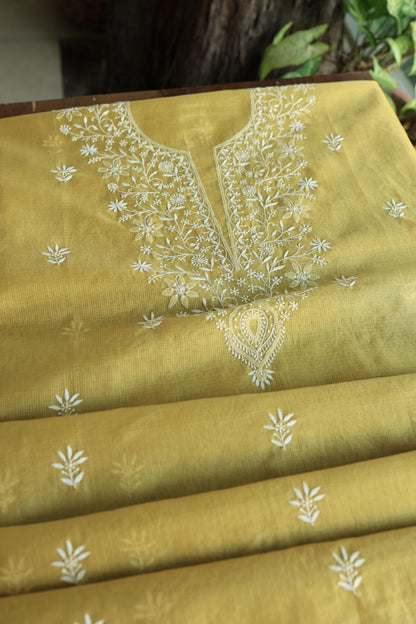 Olive Green Shade Kota Chikankari Unstitched Fabrics