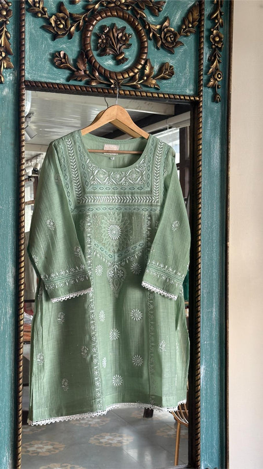 Olive Green Shade Malmal Chikankari Kamdani Short Kurti
