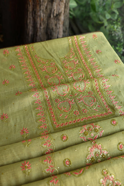 Olive Green Shade Tissue Silk Chikankari Unstitched Fabric