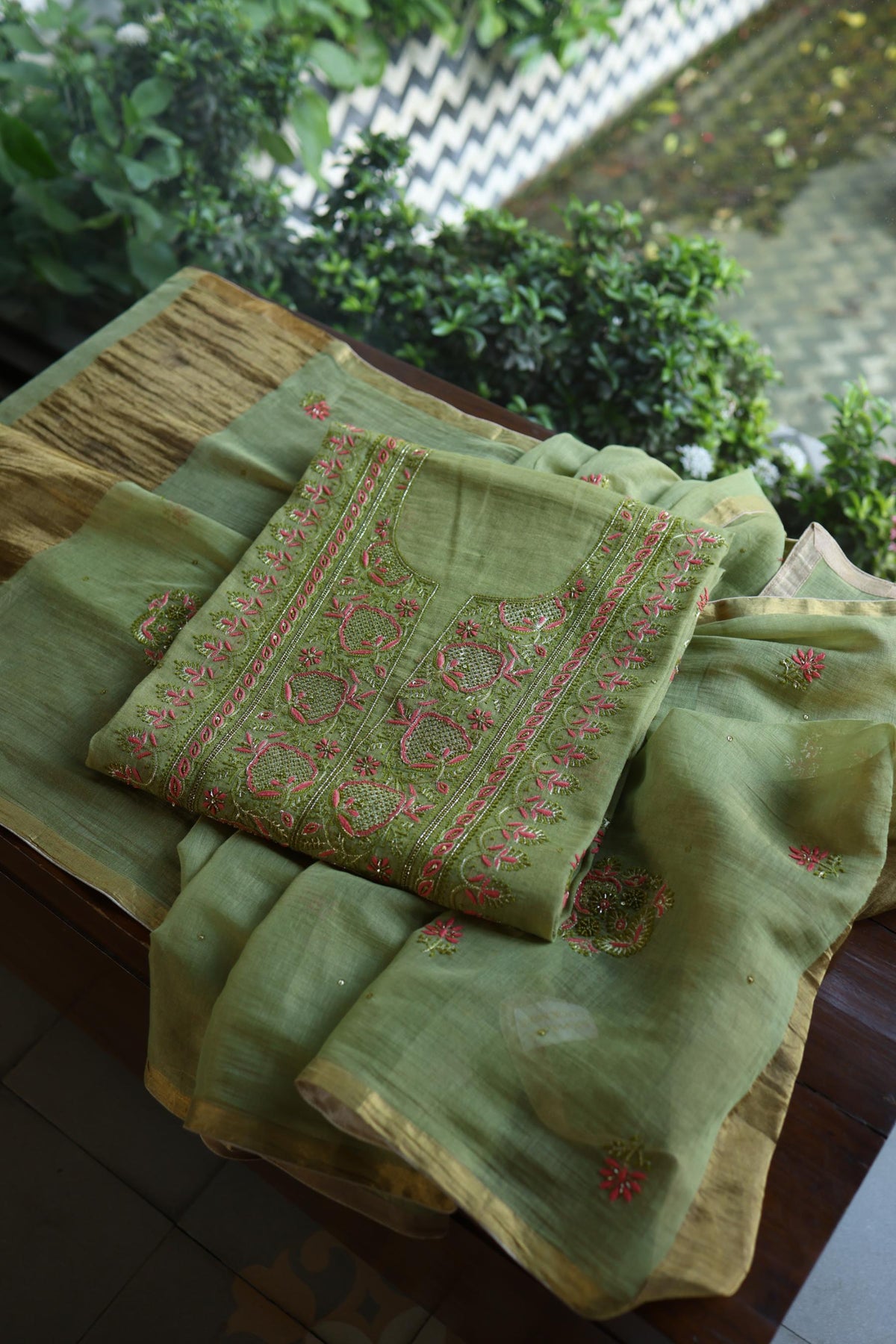 Olive Green Shade Tissue Silk Chikankari Unstitched Fabric