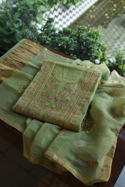 Olive Green Shade Tissue Silk Chikankari Unstitched Fabric