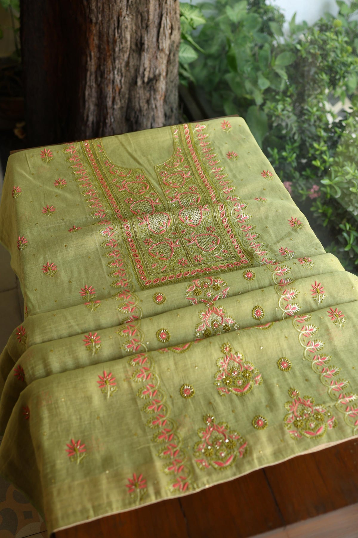 Olive Green Shade Tissue Silk Chikankari Unstitched Fabric