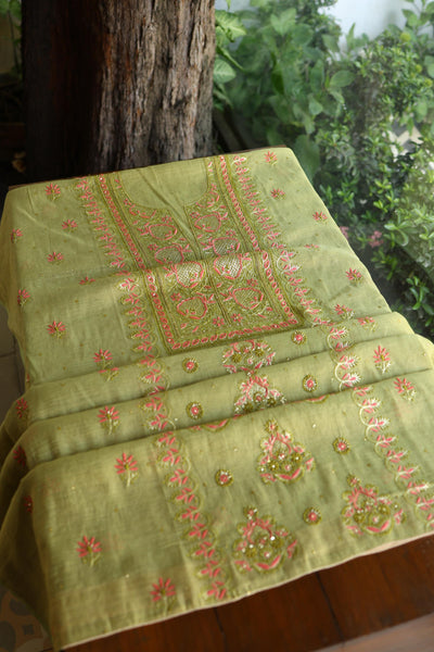 Olive Green Shade Tissue Silk Chikankari Unstitched Fabric