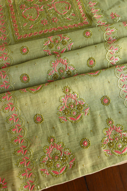 Olive Green Shade Tissue Silk Chikankari Unstitched Fabric