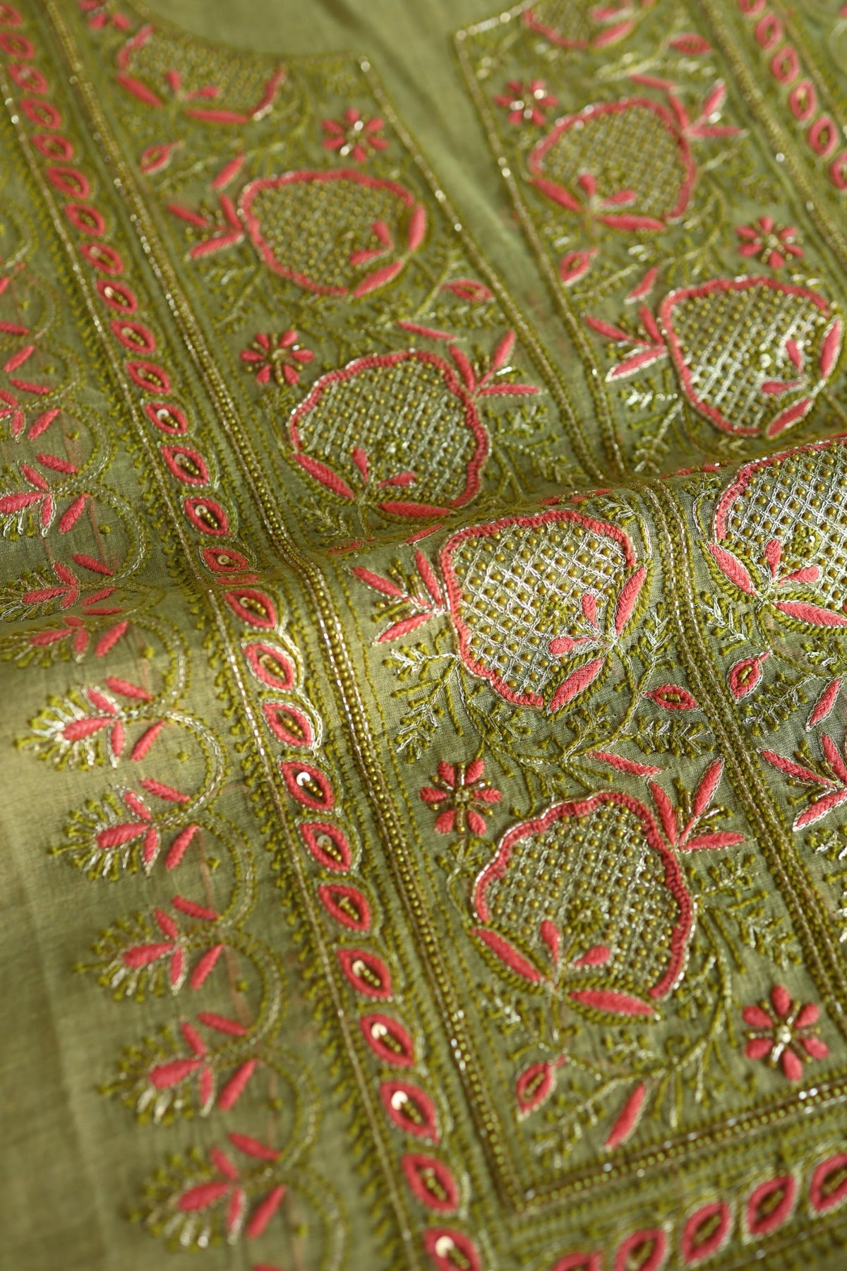 Olive Green Shade Tissue Silk Chikankari Unstitched Fabric