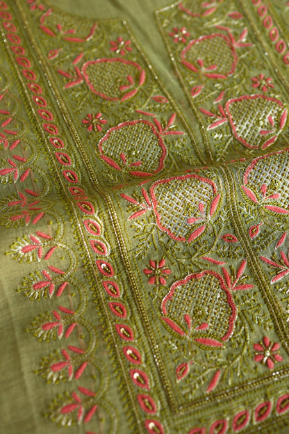 Olive Green Shade Tissue Silk Chikankari Unstitched Fabric