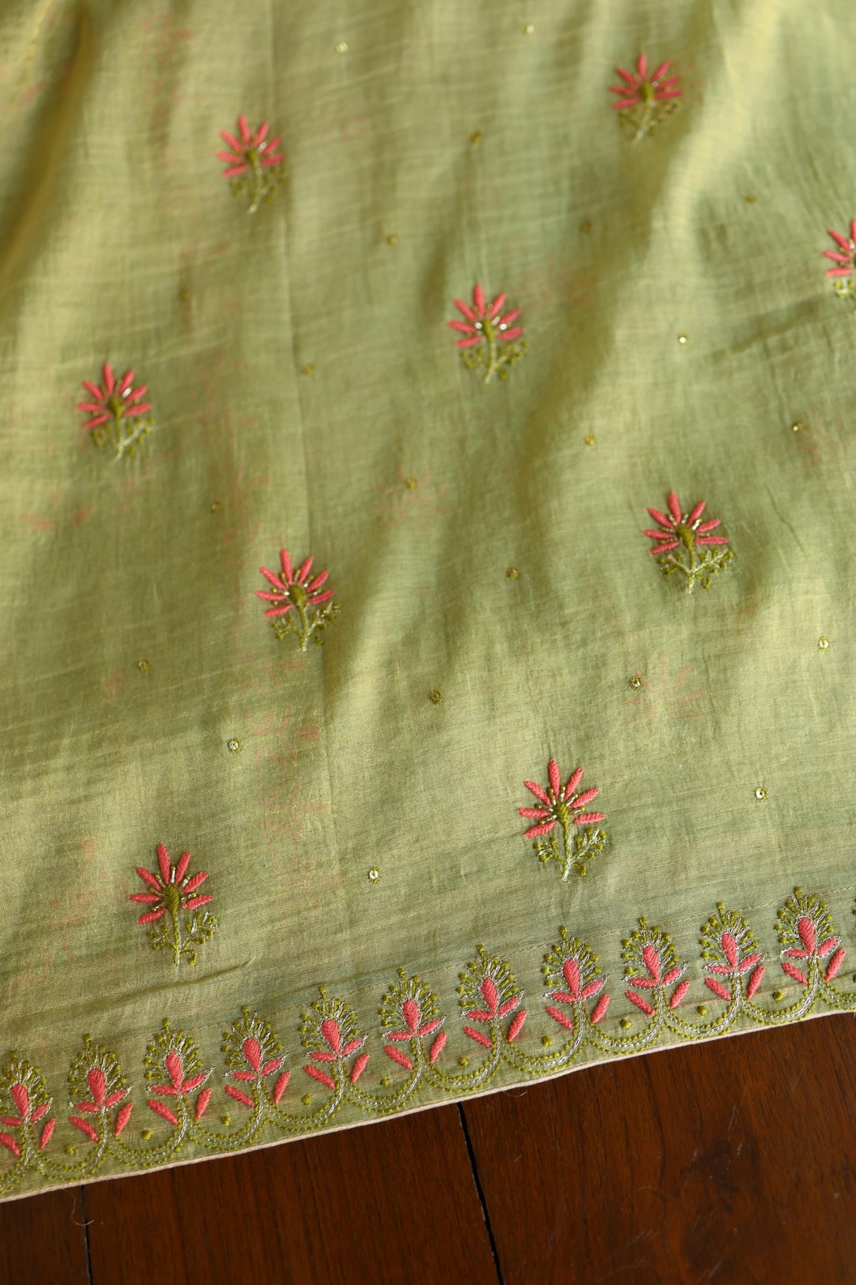 Olive Green Shade Tissue Silk Chikankari Unstitched Fabric