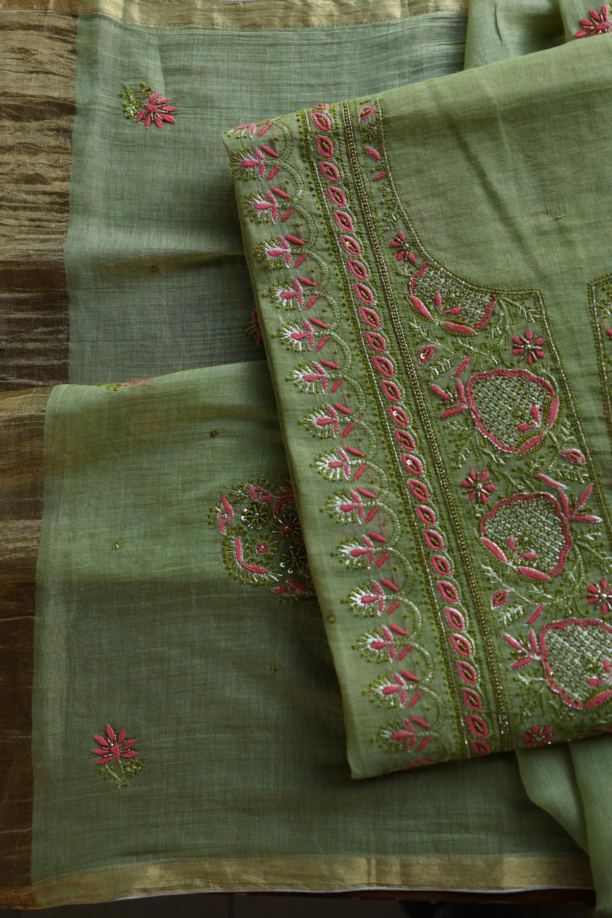Olive Green Shade Tissue Silk Chikankari Unstitched Fabric