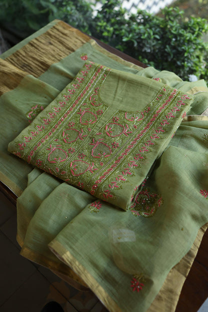 Olive Green Shade Tissue Silk Chikankari Unstitched Fabric