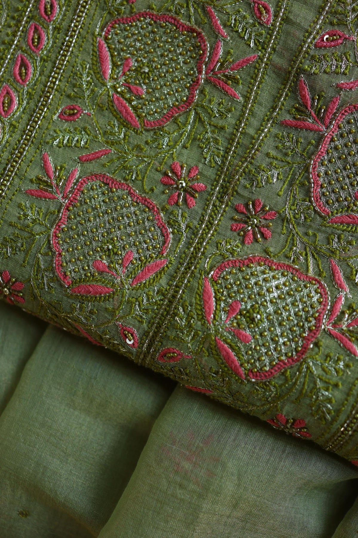 Olive Green Shade Tissue Silk Chikankari Unstitched Fabric