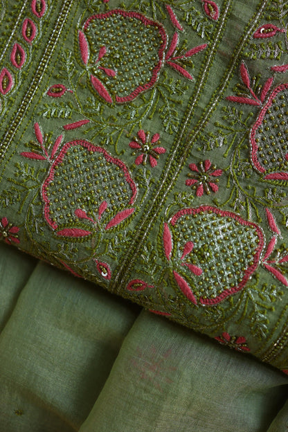 Olive Green Shade Tissue Silk Chikankari Unstitched Fabric