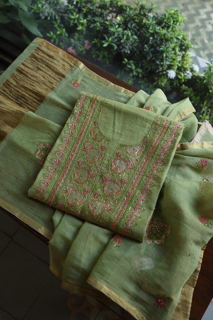 Olive Green Shade Tissue Silk Chikankari Unstitched Fabric
