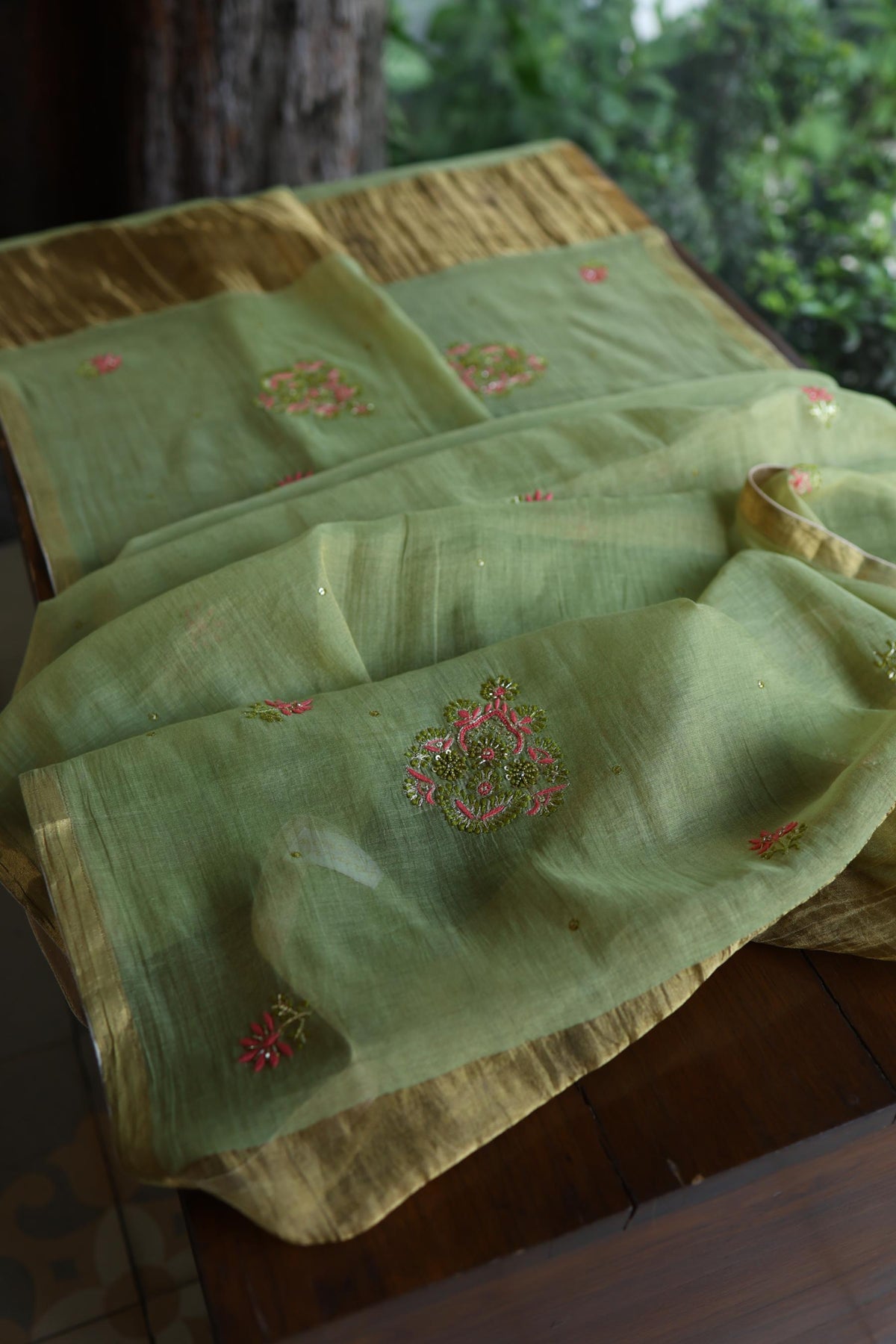 Olive Green Shade Tissue Silk Chikankari Unstitched Fabric