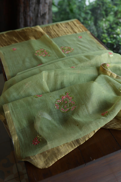 Olive Green Shade Tissue Silk Chikankari Unstitched Fabric