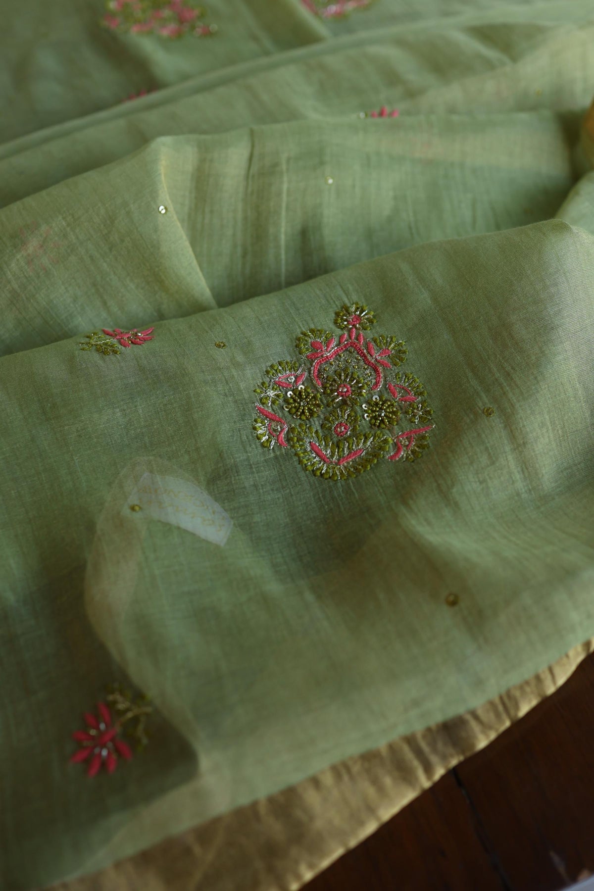 Olive Green Shade Tissue Silk Chikankari Unstitched Fabric