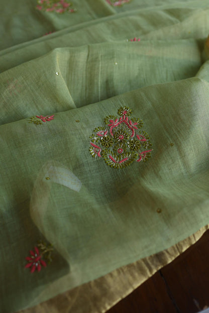 Olive Green Shade Tissue Silk Chikankari Unstitched Fabric