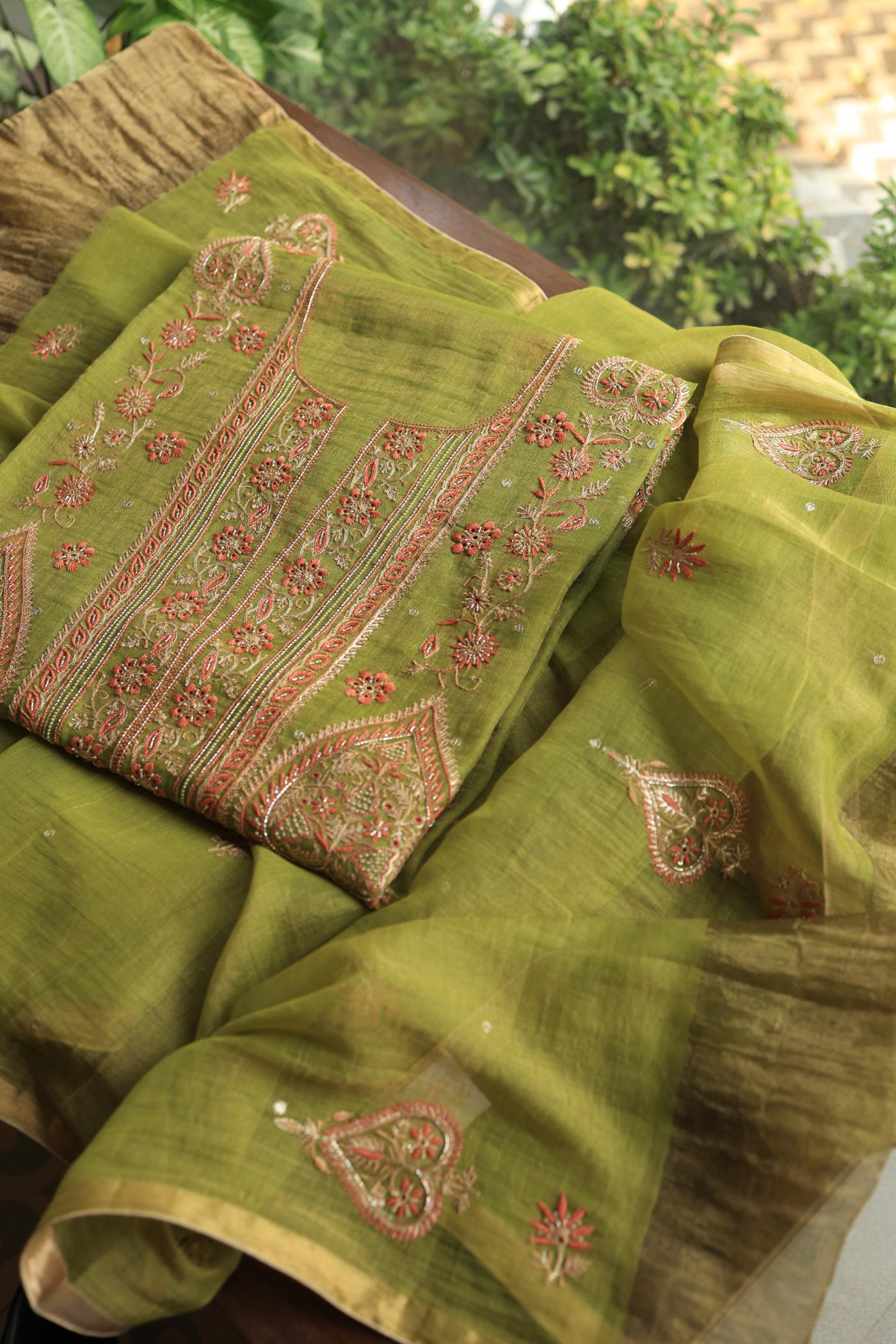 Olive Green Tissue Silk Chikankari Unstitched Fabric