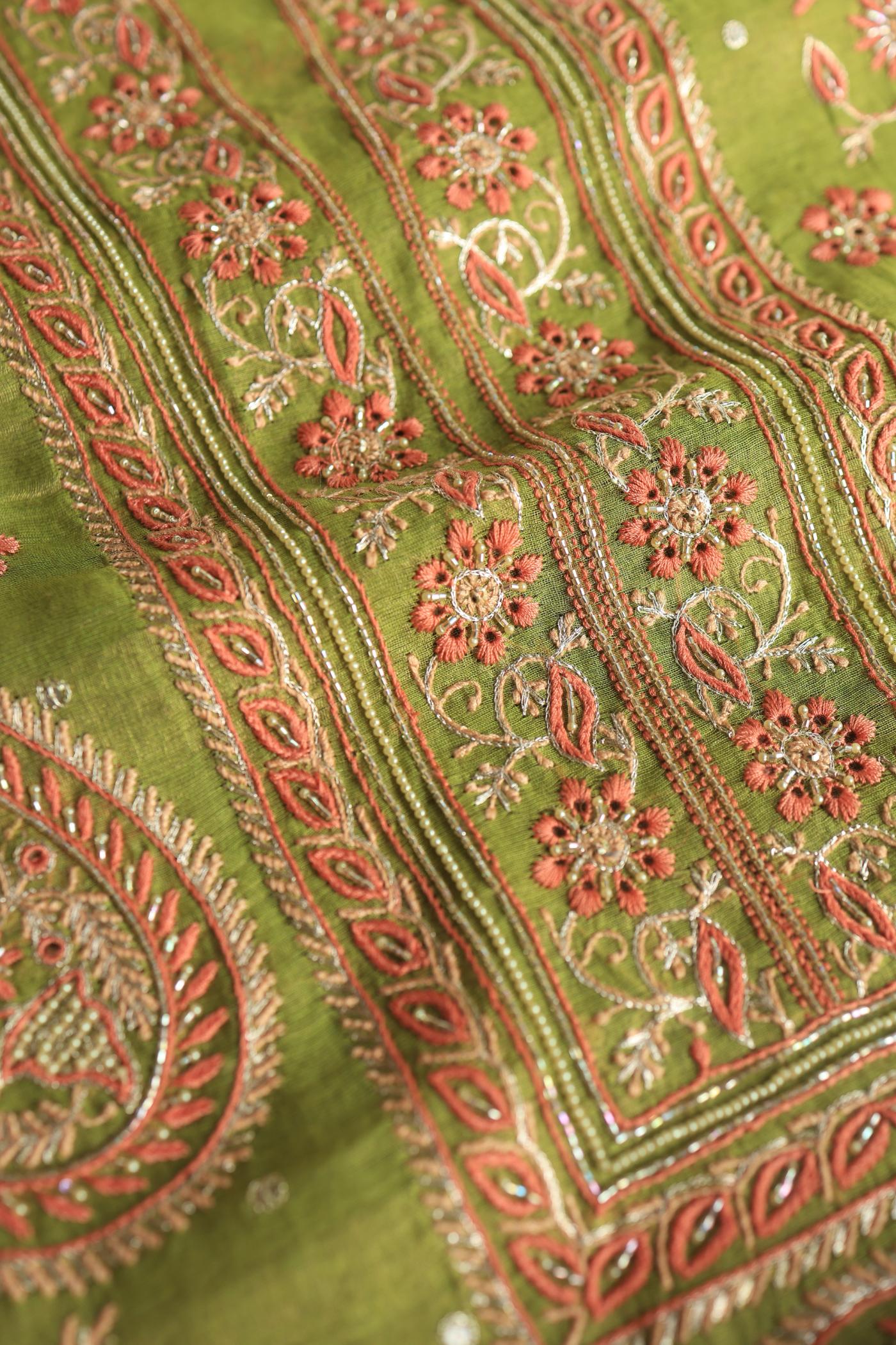 Olive Green Tissue Silk Chikankari Unstitched Fabric