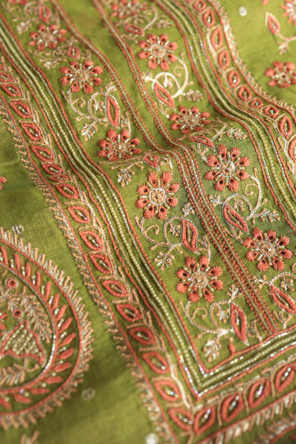 Olive Green Tissue Silk Chikankari Unstitched Fabric