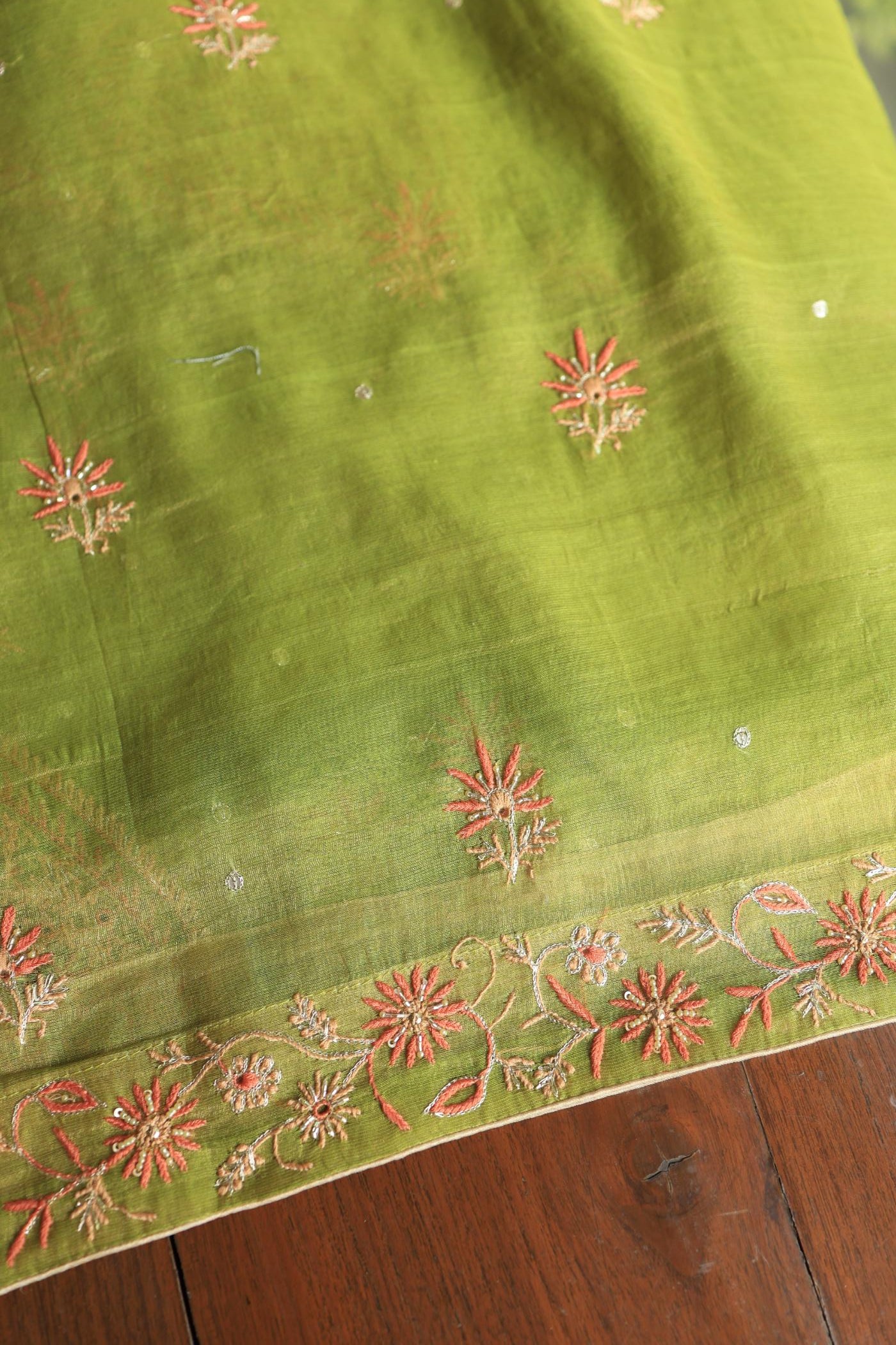 Olive Green Tissue Silk Chikankari Unstitched Fabric