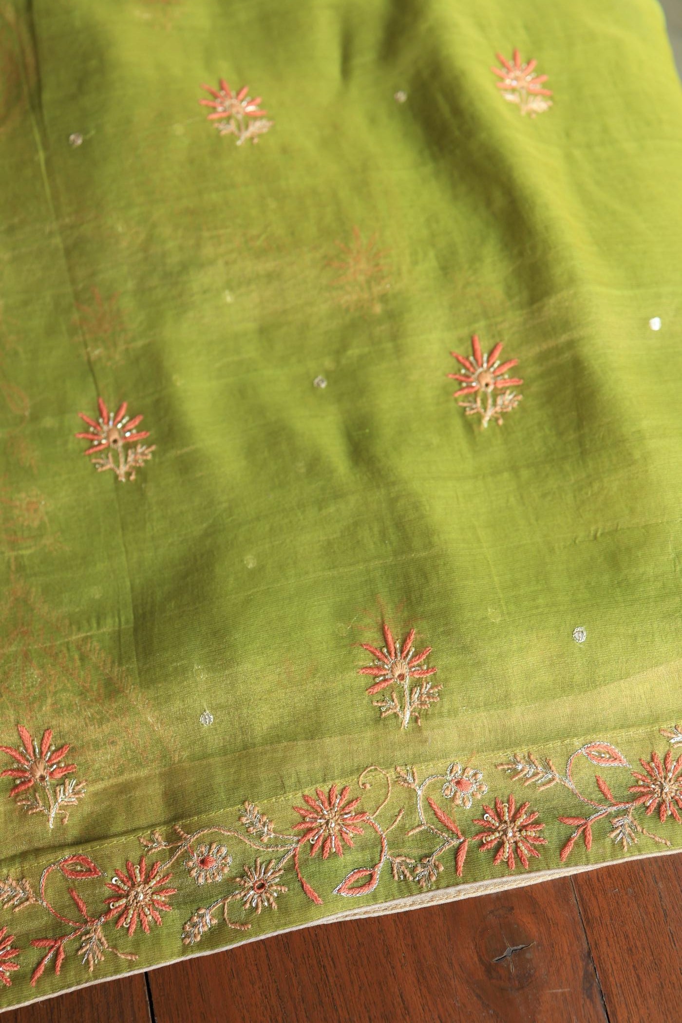 Olive Green Tissue Silk Chikankari Unstitched Fabric