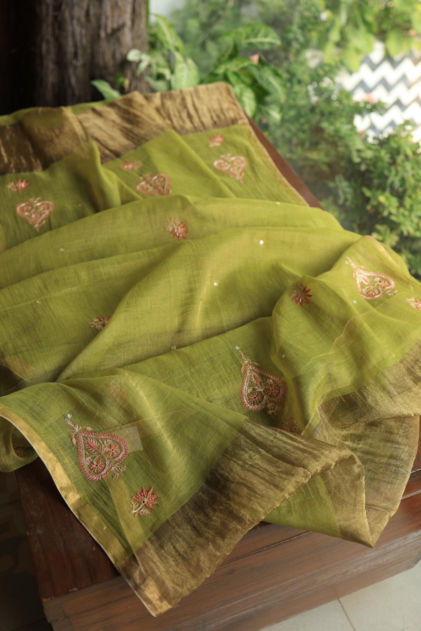 Olive Green Tissue Silk Chikankari Unstitched Fabric