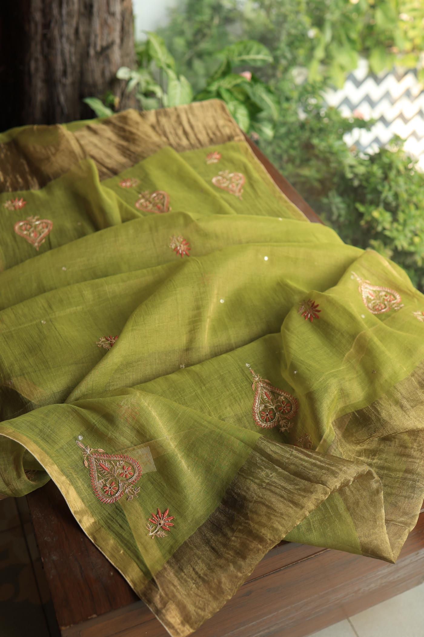 Olive Green Tissue Silk Chikankari Unstitched Fabric