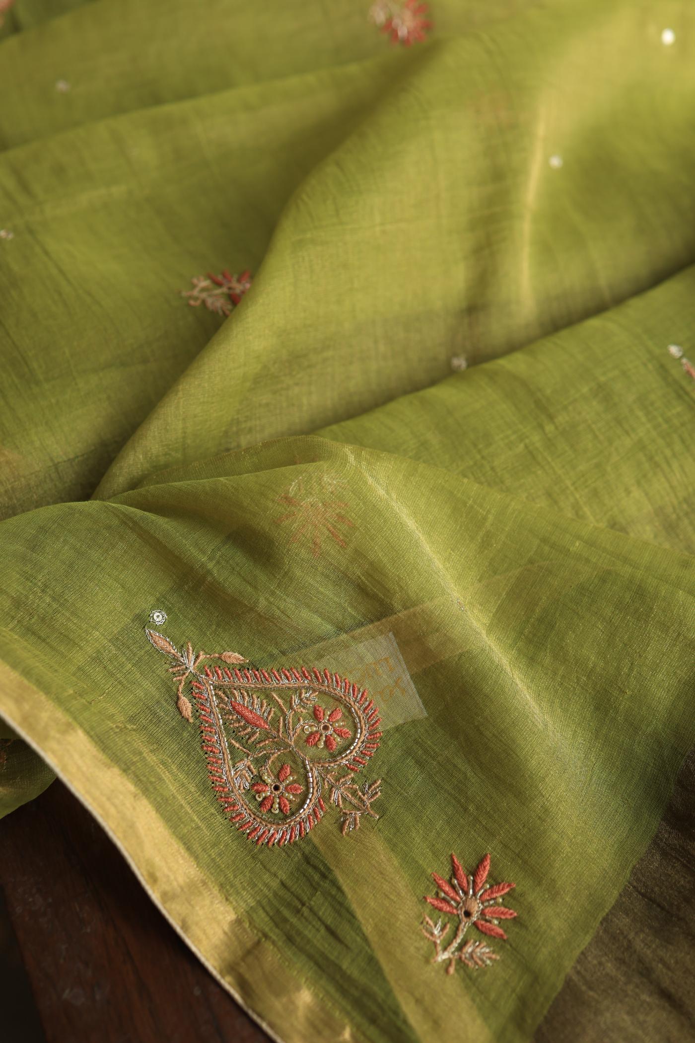 Olive Green Tissue Silk Chikankari Unstitched Fabric