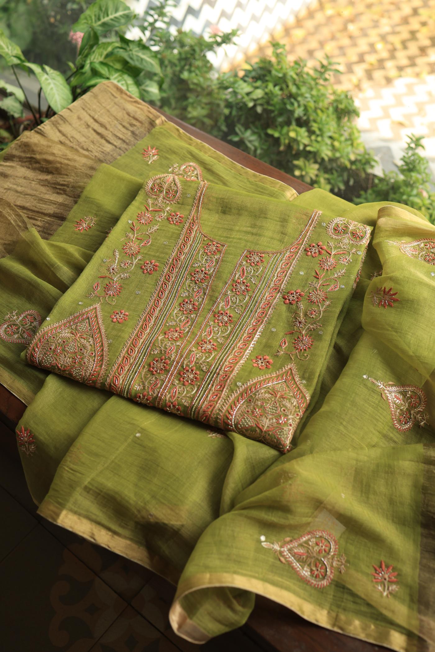 Olive Green Tissue Silk Chikankari Unstitched Fabric