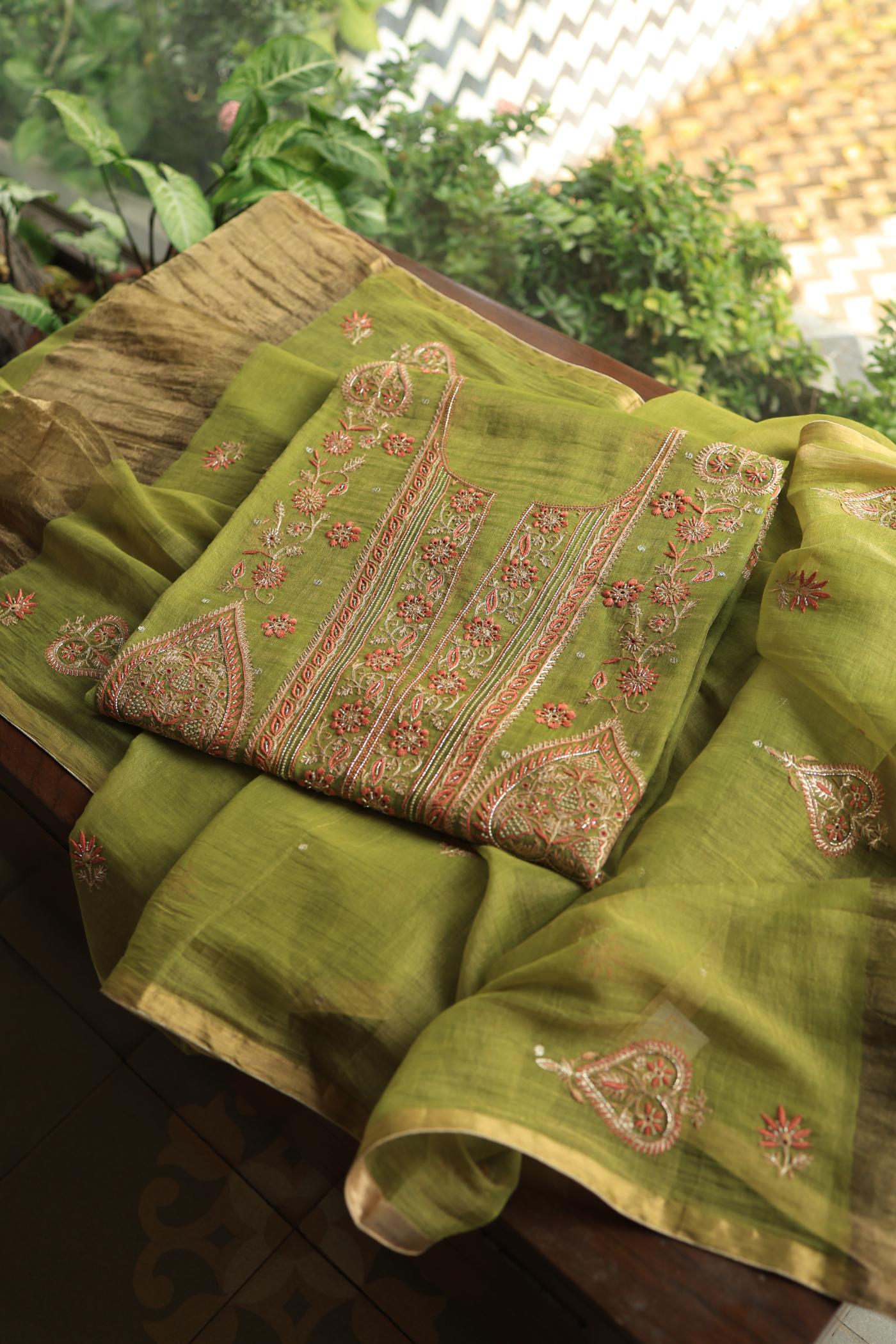 Olive Green Tissue Silk Chikankari Unstitched Fabric