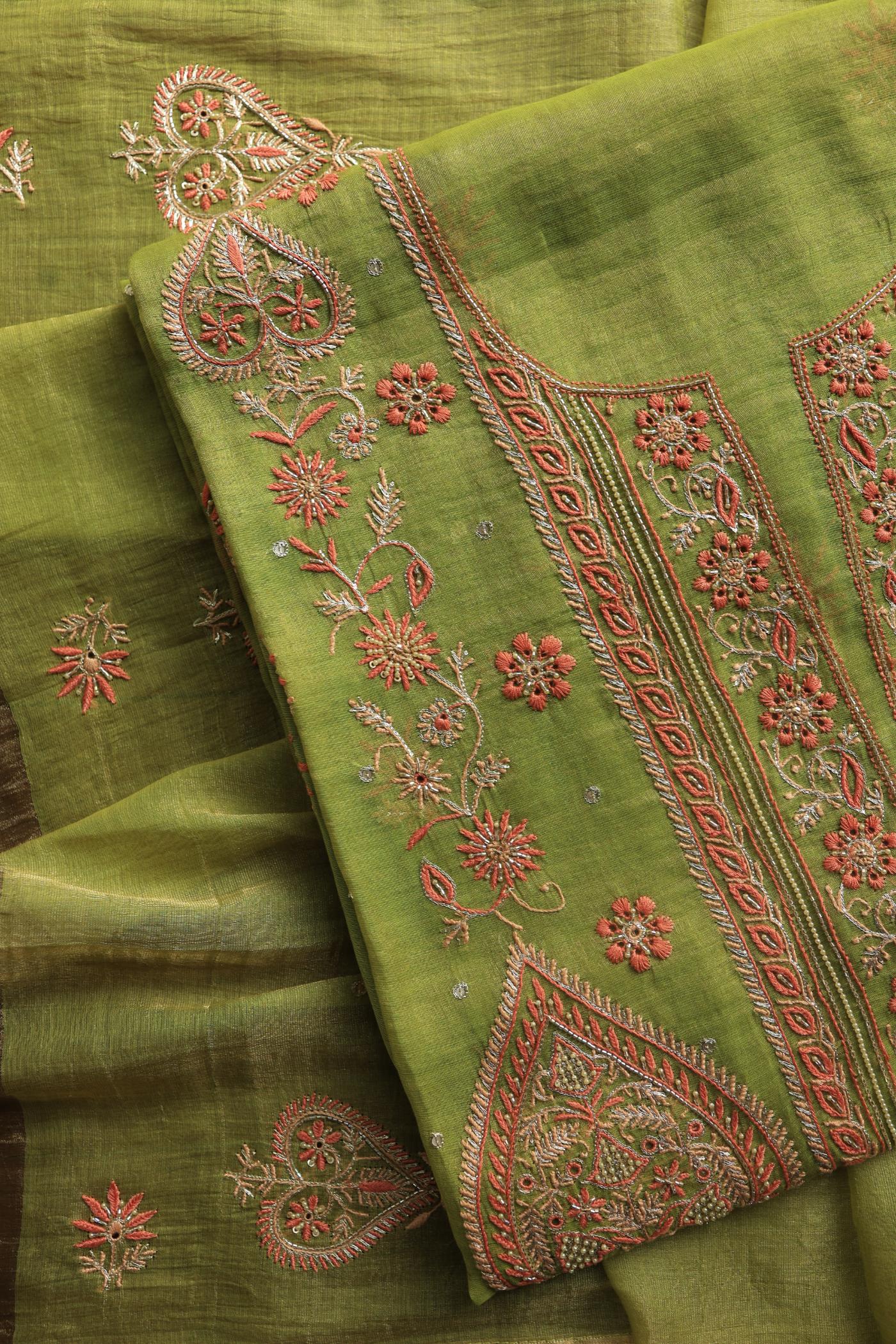 Olive Green Tissue Silk Chikankari Unstitched Fabric