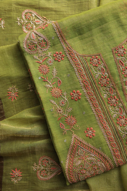 Olive Green Tissue Silk Chikankari Unstitched Fabric