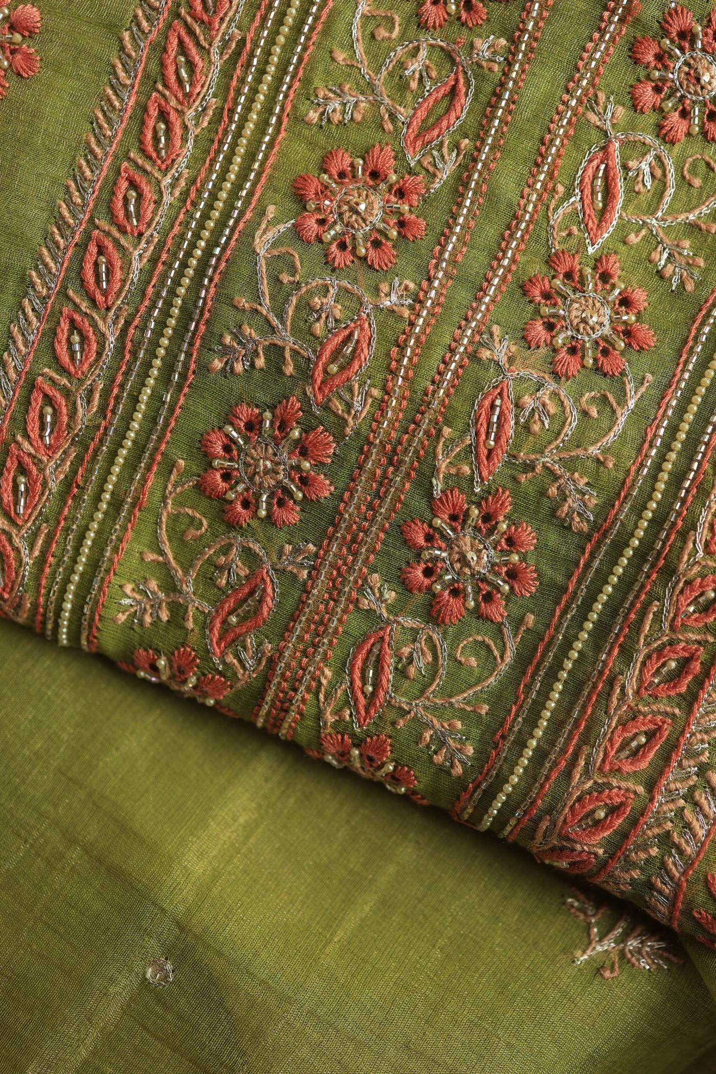 Olive Green Tissue Silk Chikankari Unstitched Fabric