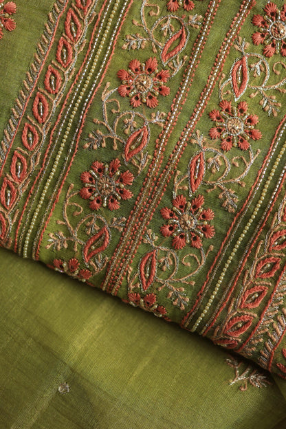 Olive Green Tissue Silk Chikankari Unstitched Fabric