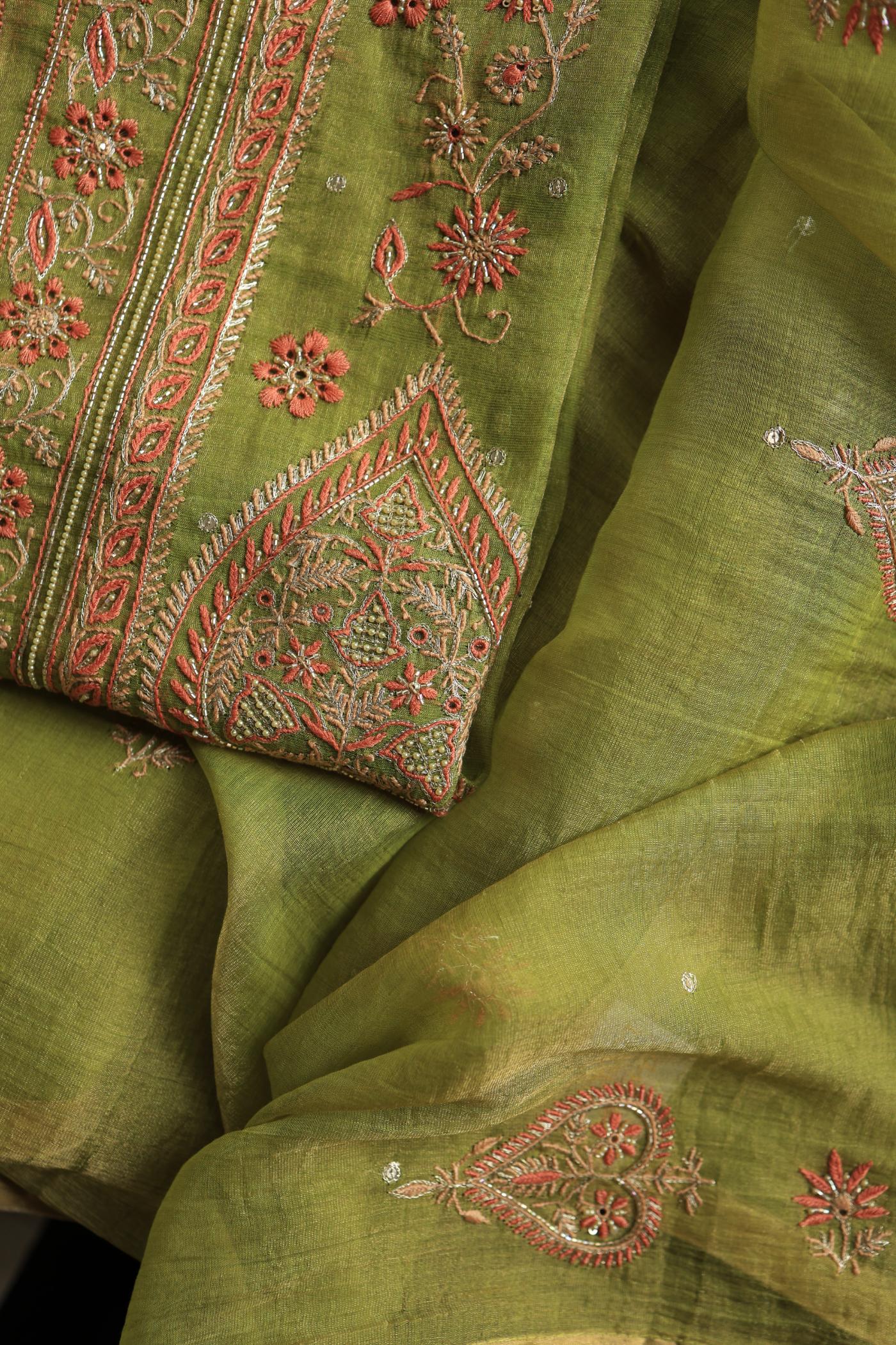 Olive Green Tissue Silk Chikankari Unstitched Fabric