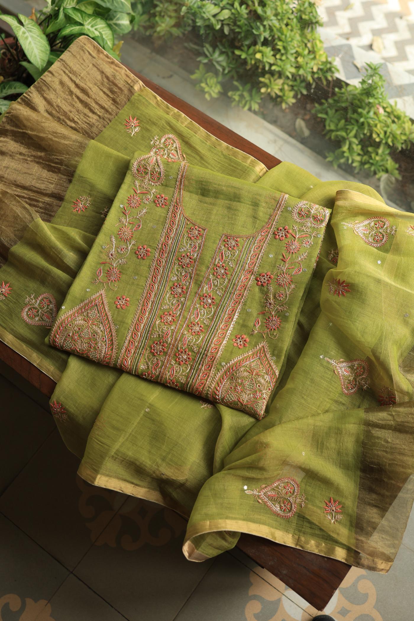 Olive Green Tissue Silk Chikankari Unstitched Fabric