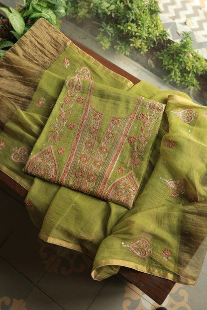 Olive Green Tissue Silk Chikankari Unstitched Fabric