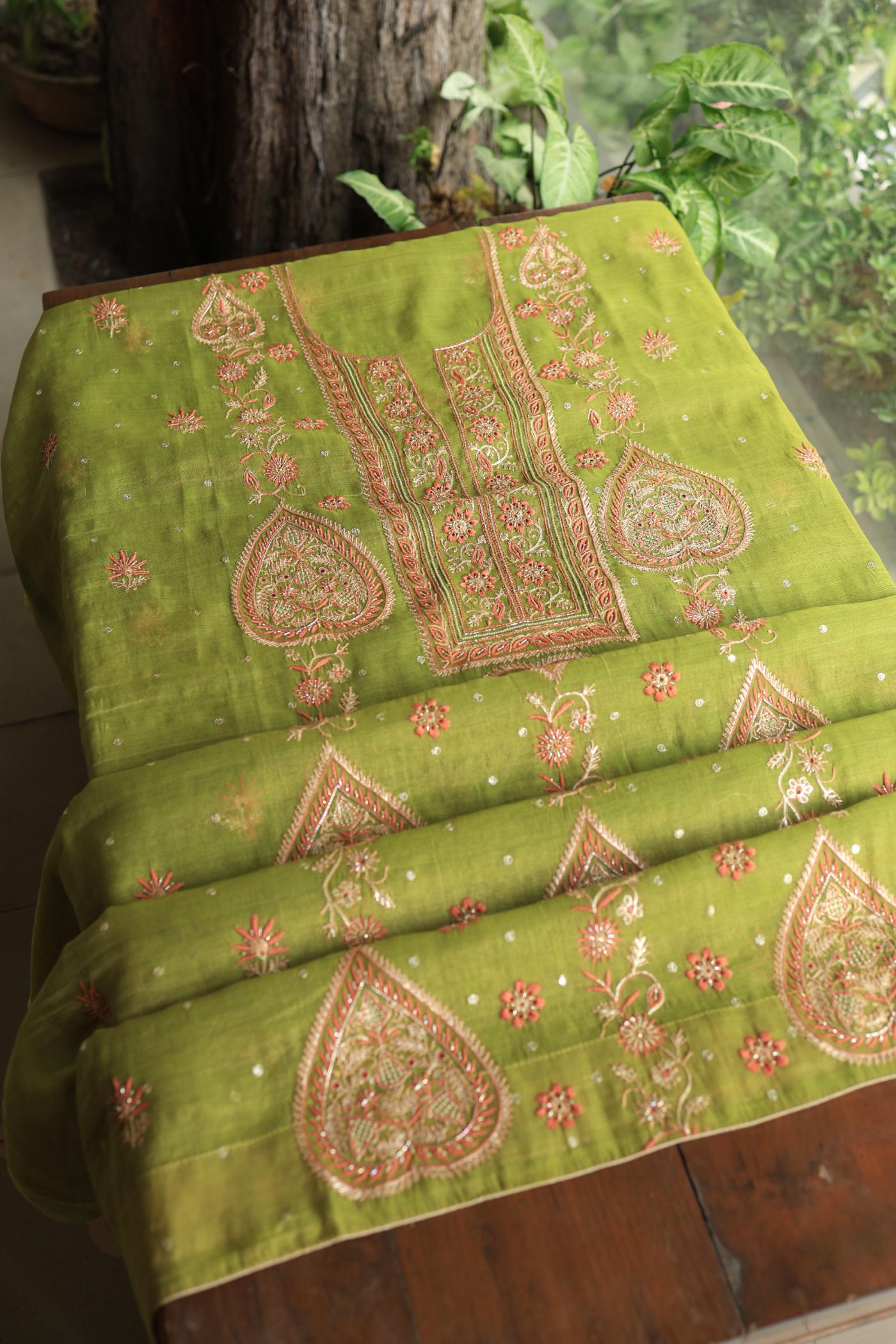 Olive Green Tissue Silk Chikankari Unstitched Fabric