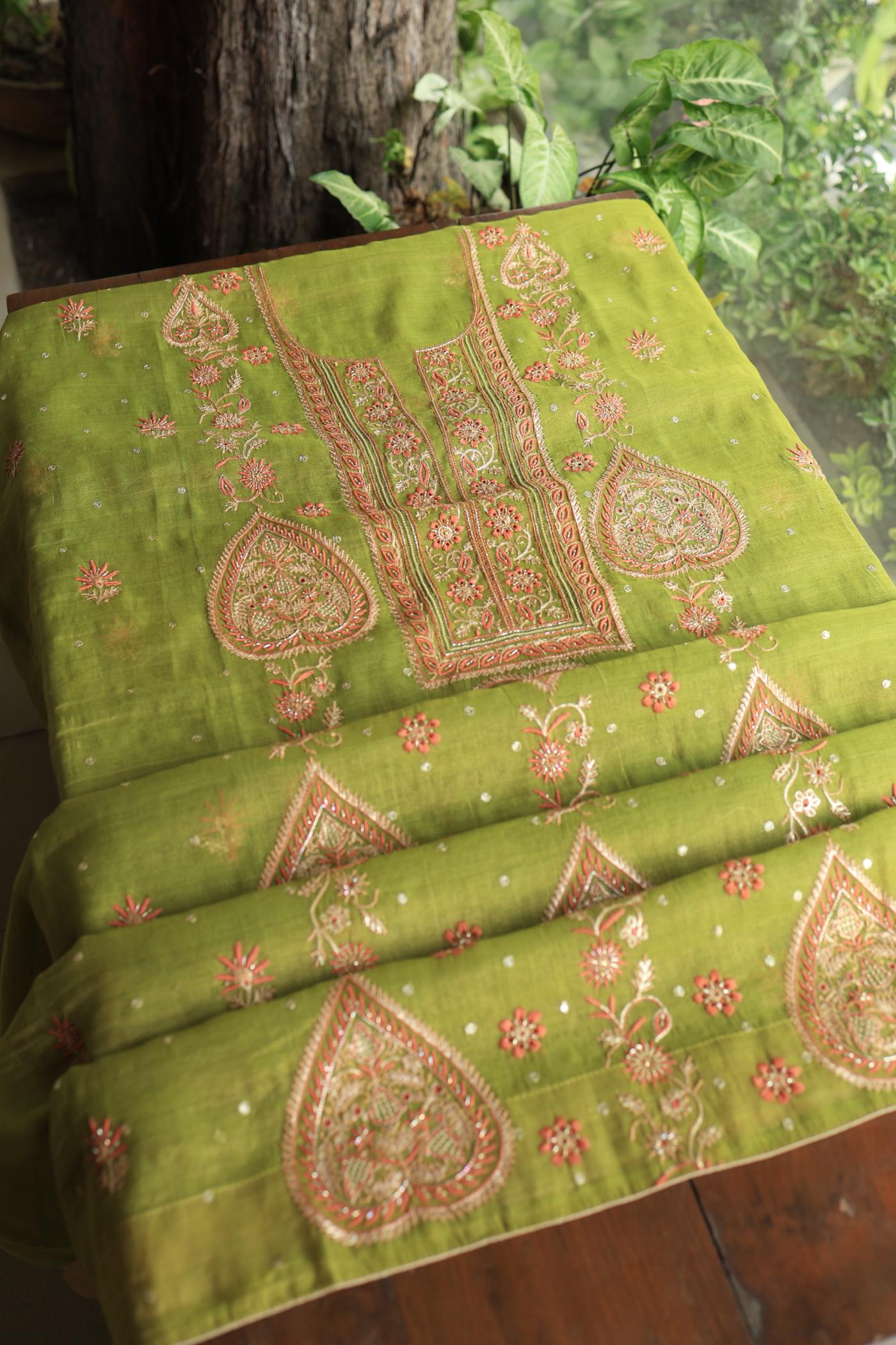 Olive Green Tissue Silk Chikankari Unstitched Fabric