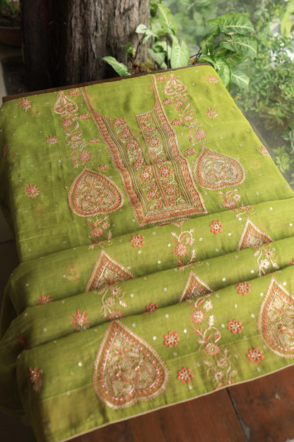 Olive Green Tissue Silk Chikankari Unstitched Fabric