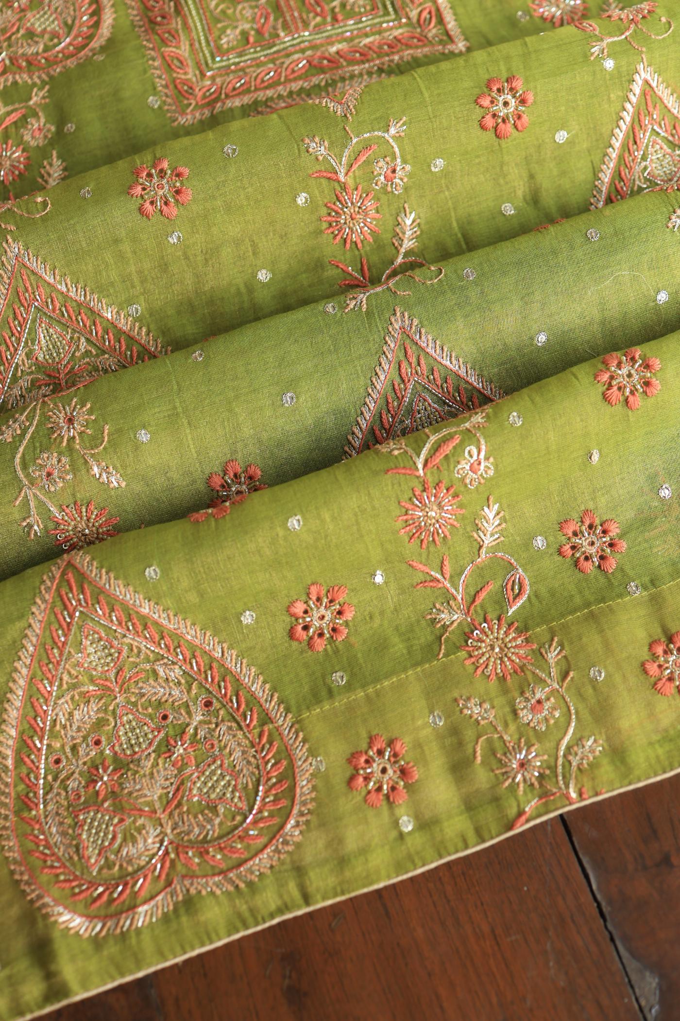Olive Green Tissue Silk Chikankari Unstitched Fabric