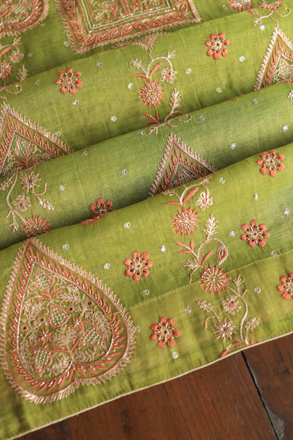 Olive Green Tissue Silk Chikankari Unstitched Fabric