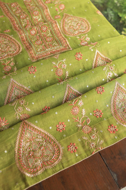 Olive Green Tissue Silk Chikankari Unstitched Fabric