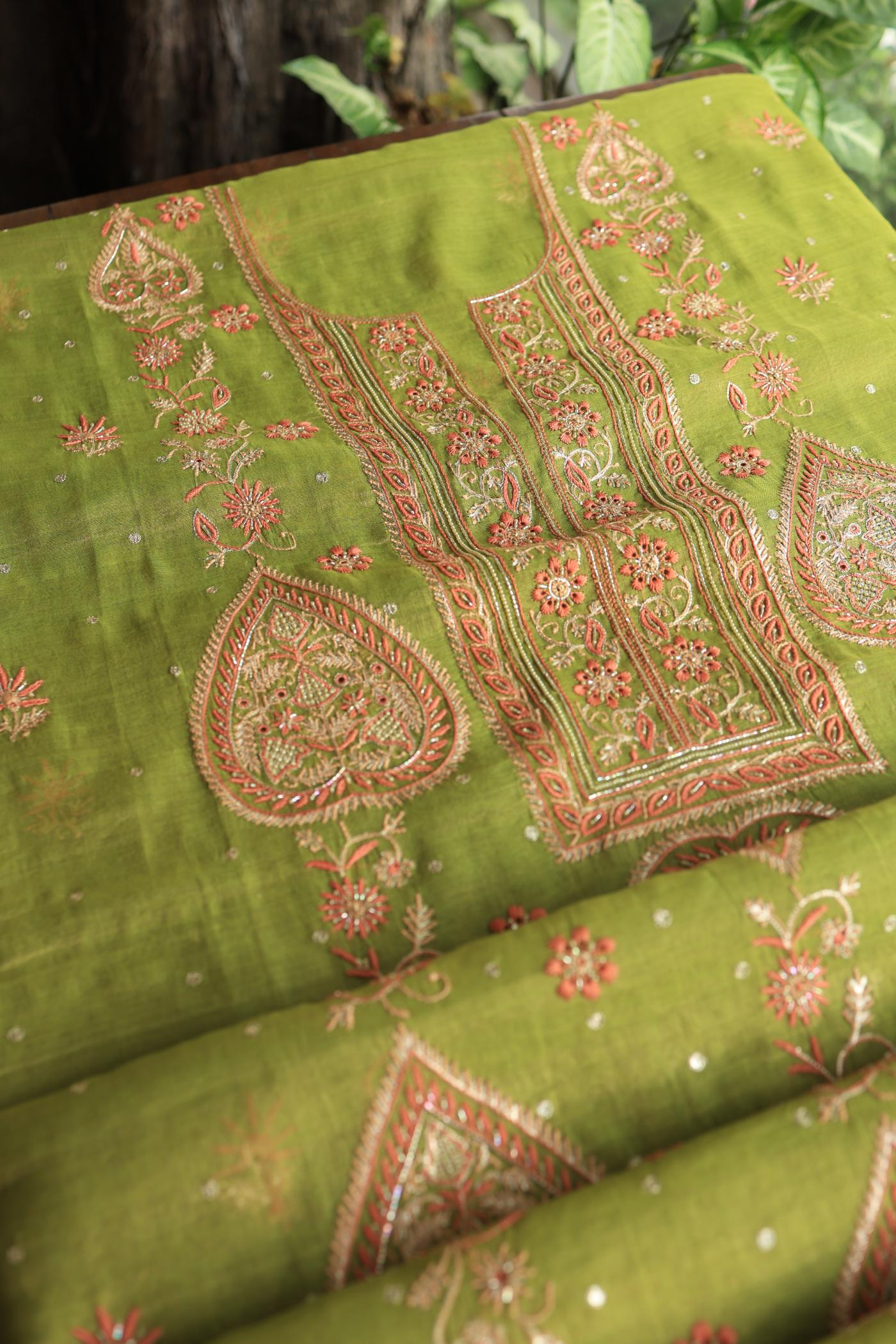 Olive Green Tissue Silk Chikankari Unstitched Fabric