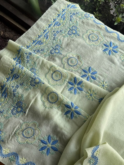 Olive Green & Blue Shade Saman Pashmina Fine Chikankari Shawl